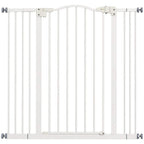White pressure fit dog safety gate with vertical bars and wall brackets