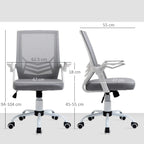 Grey mesh office chair with padded seat, flip-up armrests and height/dimension guide