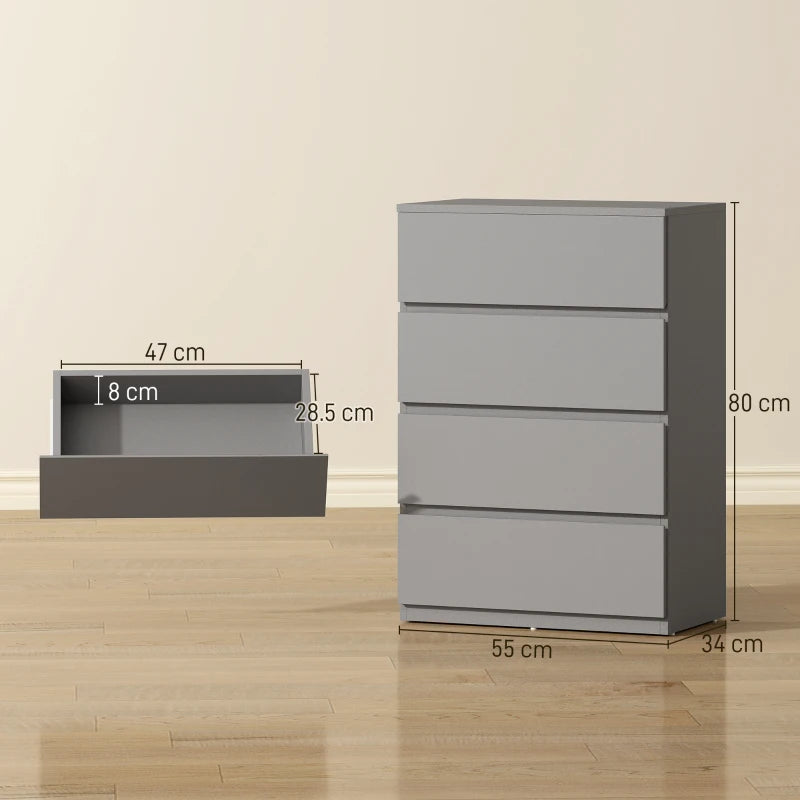 Grey 4-drawer dresser cabinet with front drawers and side profile view; size markings.