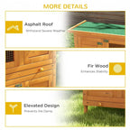 Wooden guinea pig hutch with asphalt roof, fir wood construction, and raised base