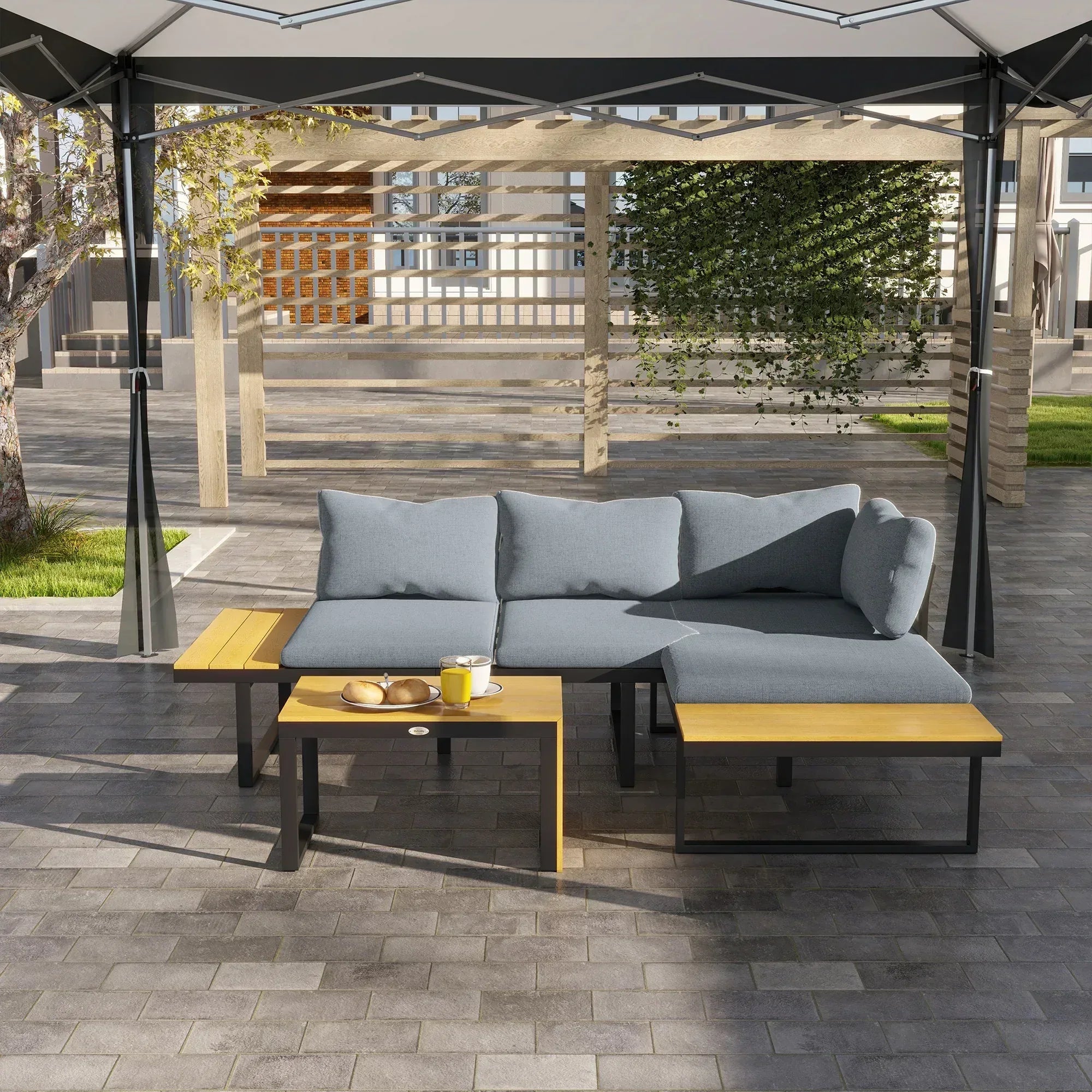 3 Pieces Patio Furniture Set, Outdoor Garden Sofa Conversation Set w/ Padded Cushions, Wood Grain Plastic Top Table and Side Panel, Dark Grey - Bobobiy