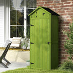 Tall slim dark green wooden garden shed with double doors and roof hatch