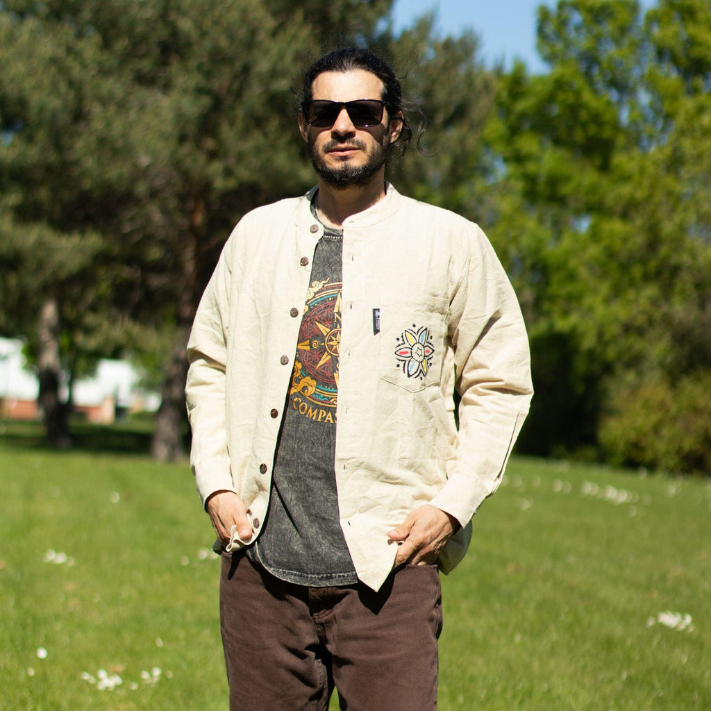 Nomad Sari Stonewashed Cotton T-Shirt - Compass of Life - Charcoal - Medium