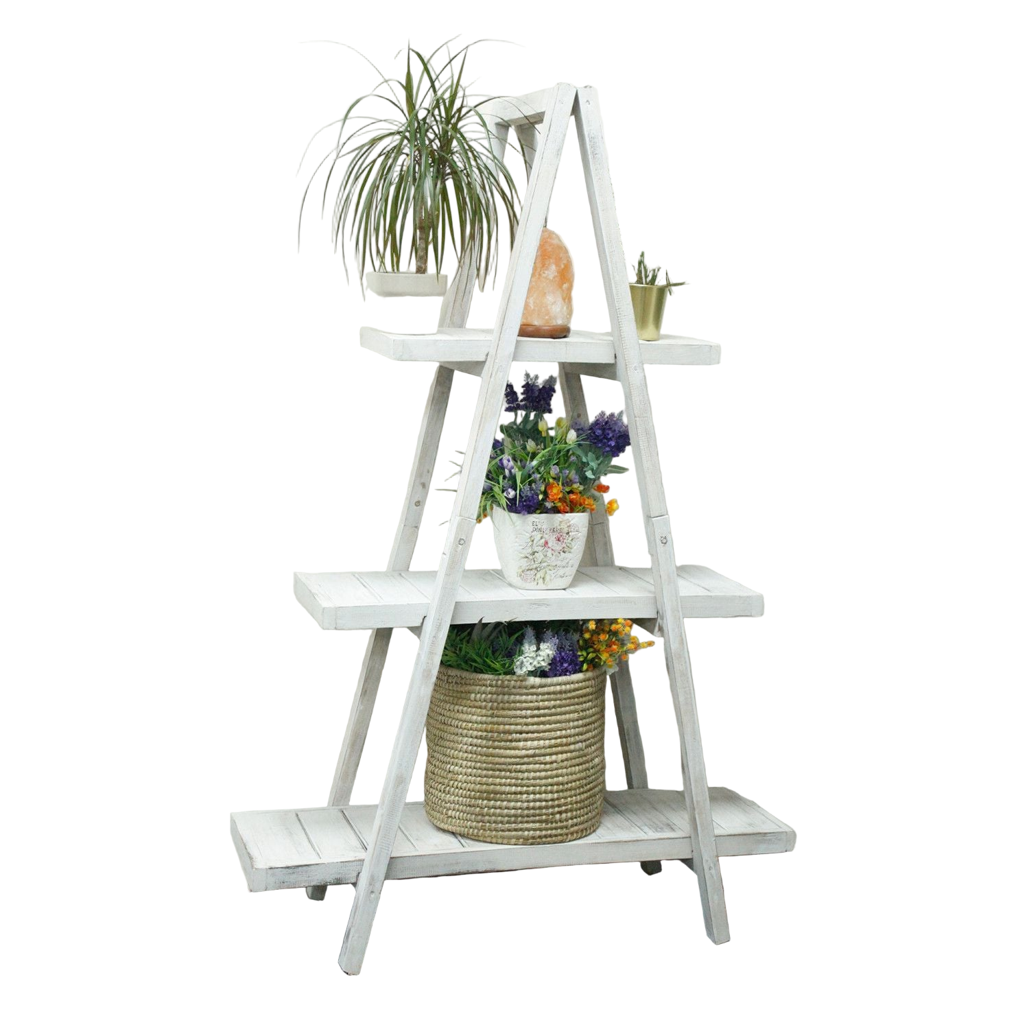 White ladder shelf with plants and decorative items against a white wall.