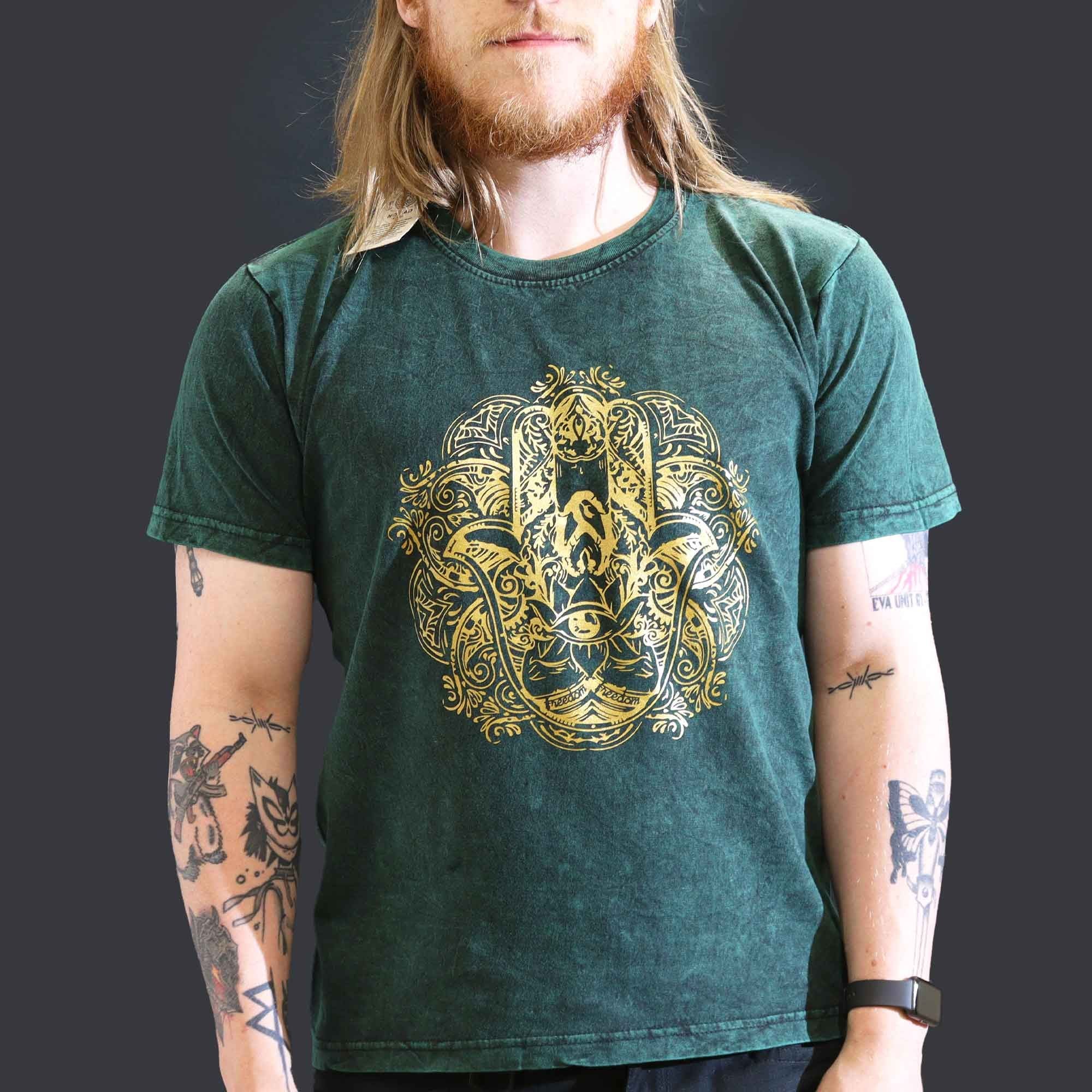 Large Stone Washed T-Shirt - Hamsa - Green