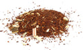 Loose rooibos tea leaves with dried herb pieces, dark brown blend