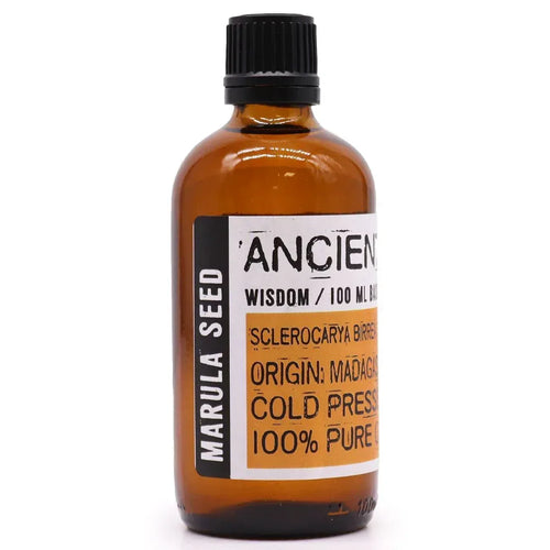 Amber glass marula seed oil bottle, black cap, 100 ml label