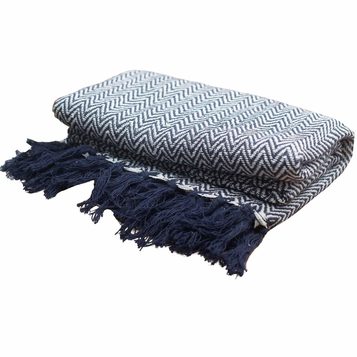 Folded chevron zigzag throw blanket in navy with tassel fringe