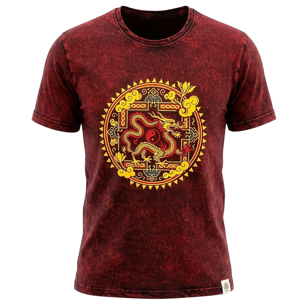Nomad Sari Stonewashed Cotton T-Shirt - Dragon Mandala - Maroon - XL