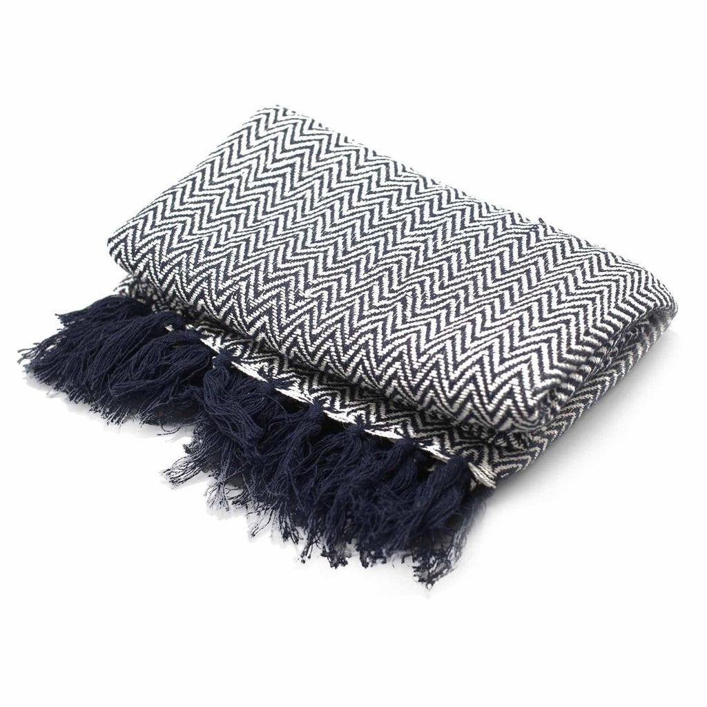 Chevron zigzag throw blanket in light blue and navy with tassel fringe