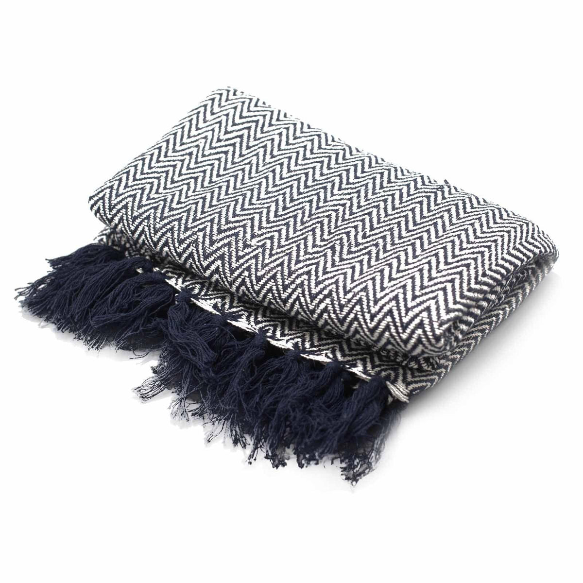 Chevron zigzag throw blanket in light blue and navy with tassel fringe