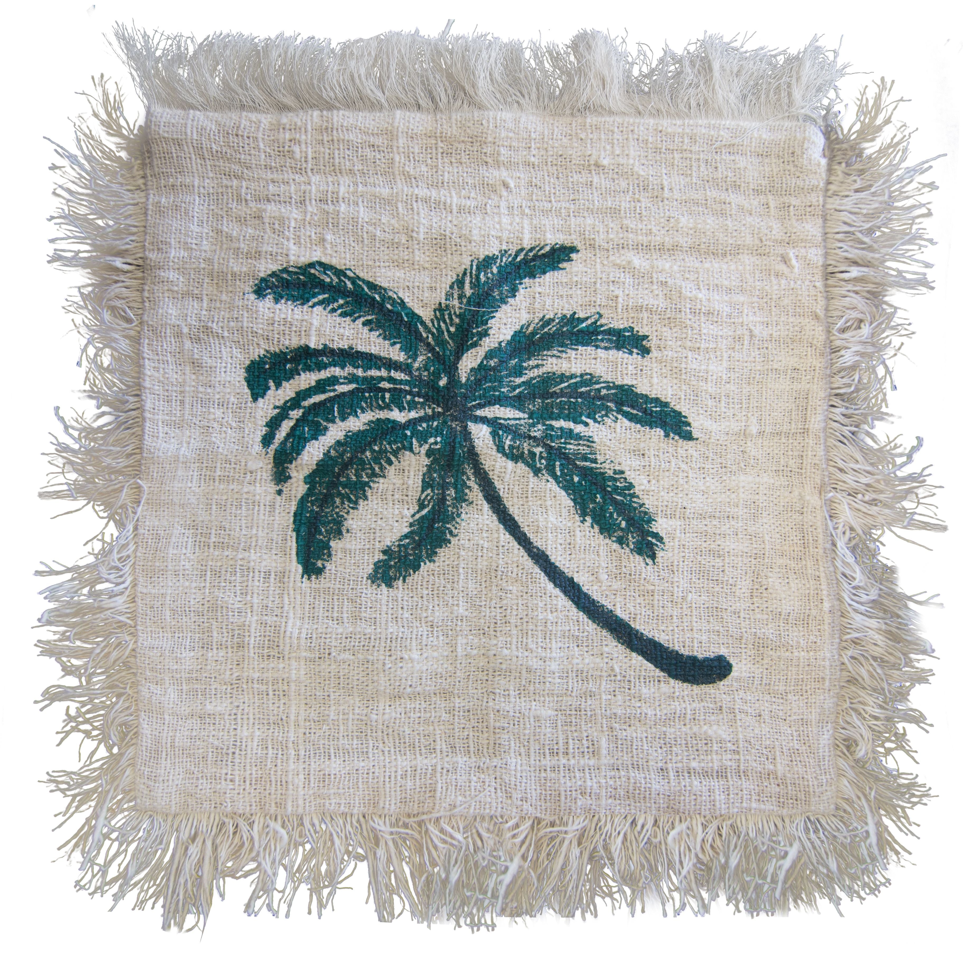 Linen Cushion Cover 45x45cm Palm Tree  with Fringe