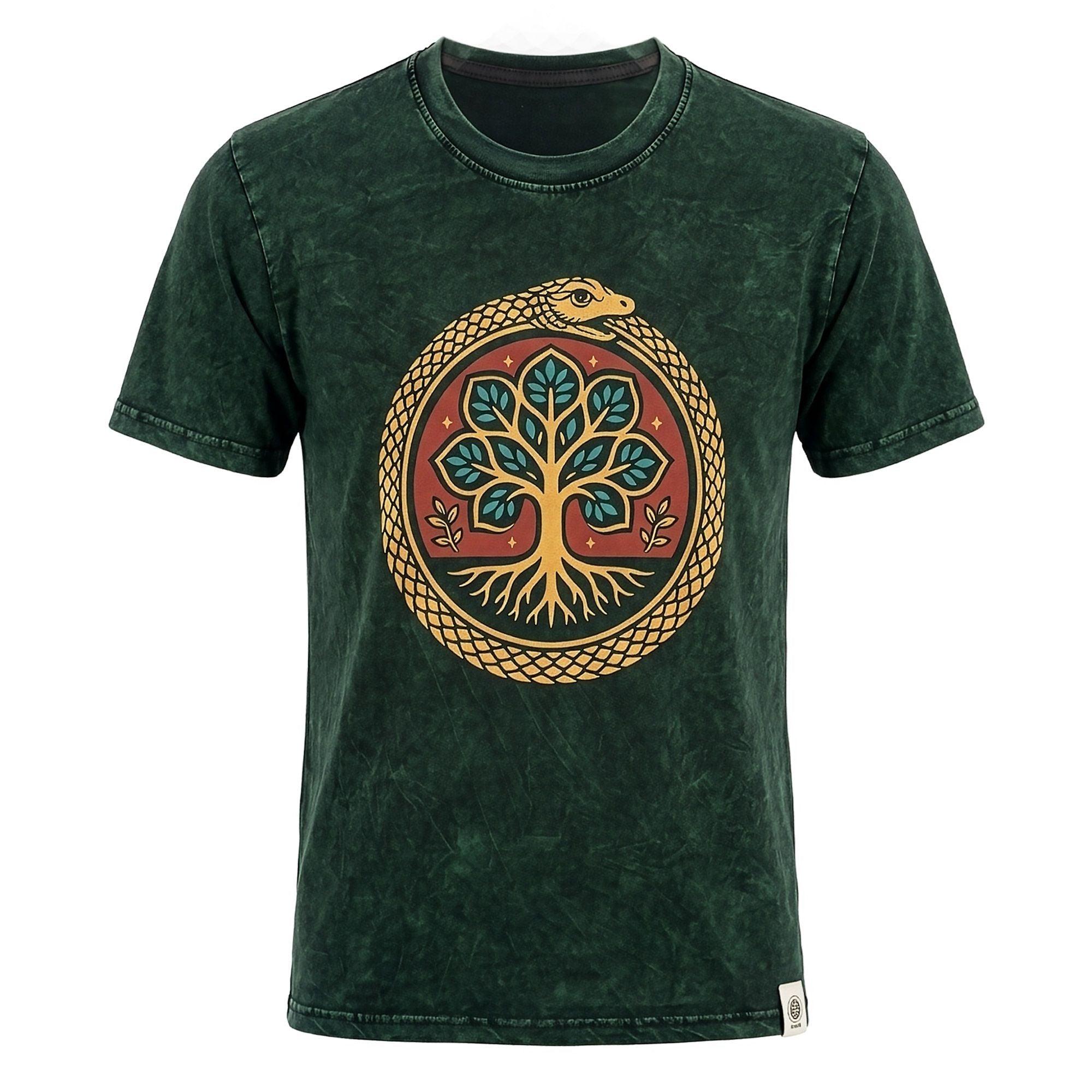 Nomad Sari Stonewashed Cotton T-Shirt - Tree of Life - Green - Large