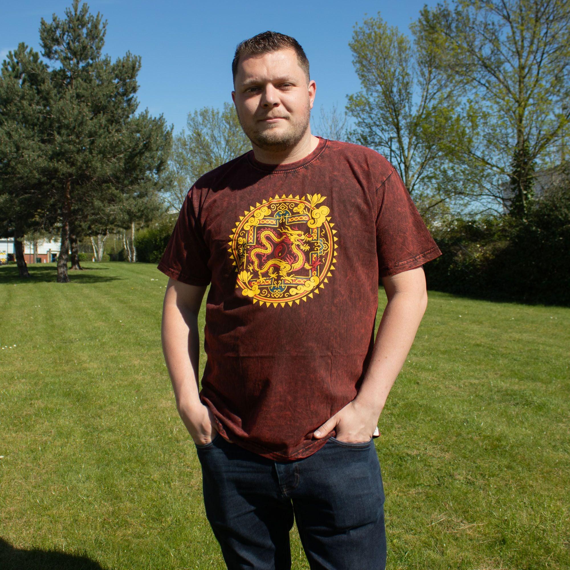 Nomad Sari Stonewashed Cotton T-Shirt - Dragon Mandala - Maroon - XL