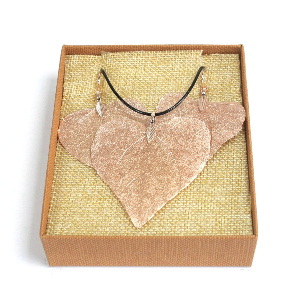Necklace & Earring Set - Heart Leaf - Pink Gold