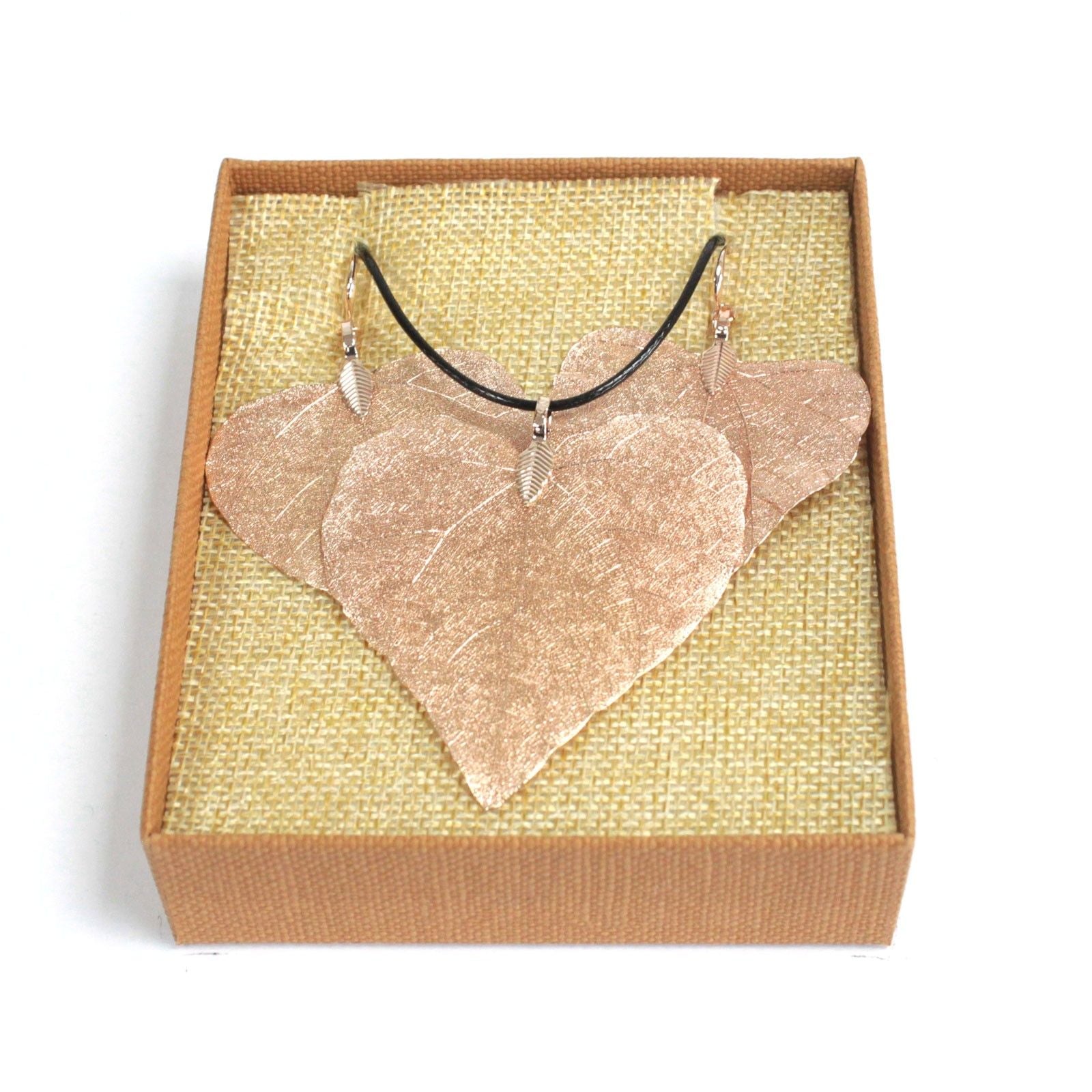 Necklace & Earring Set - Heart Leaf - Pink Gold