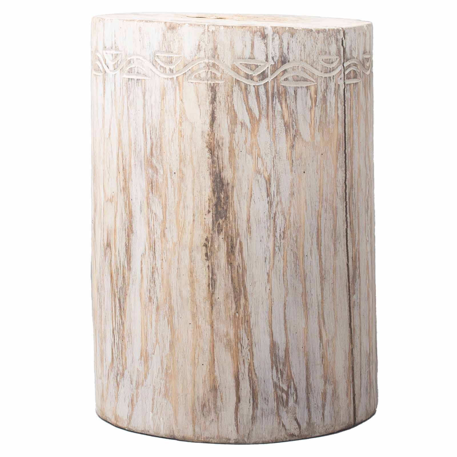 Cylindrical wooden stool with a natural finish on a white background