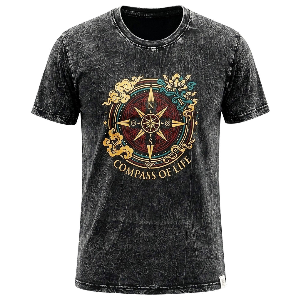 Nomad Sari Stonewashed Cotton T-Shirt - Compass of Life - Charcoal - XL