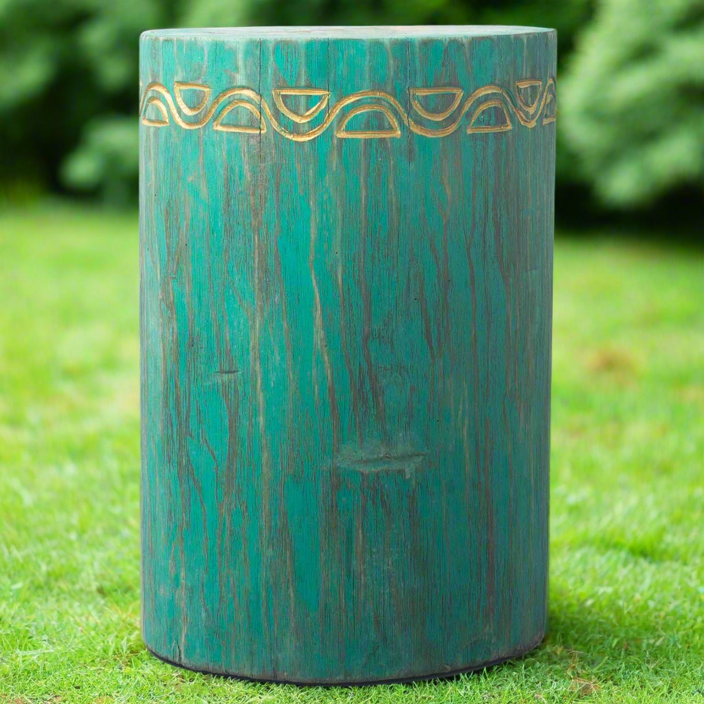 Teal cylindrical stool with gold decorative band on a white background