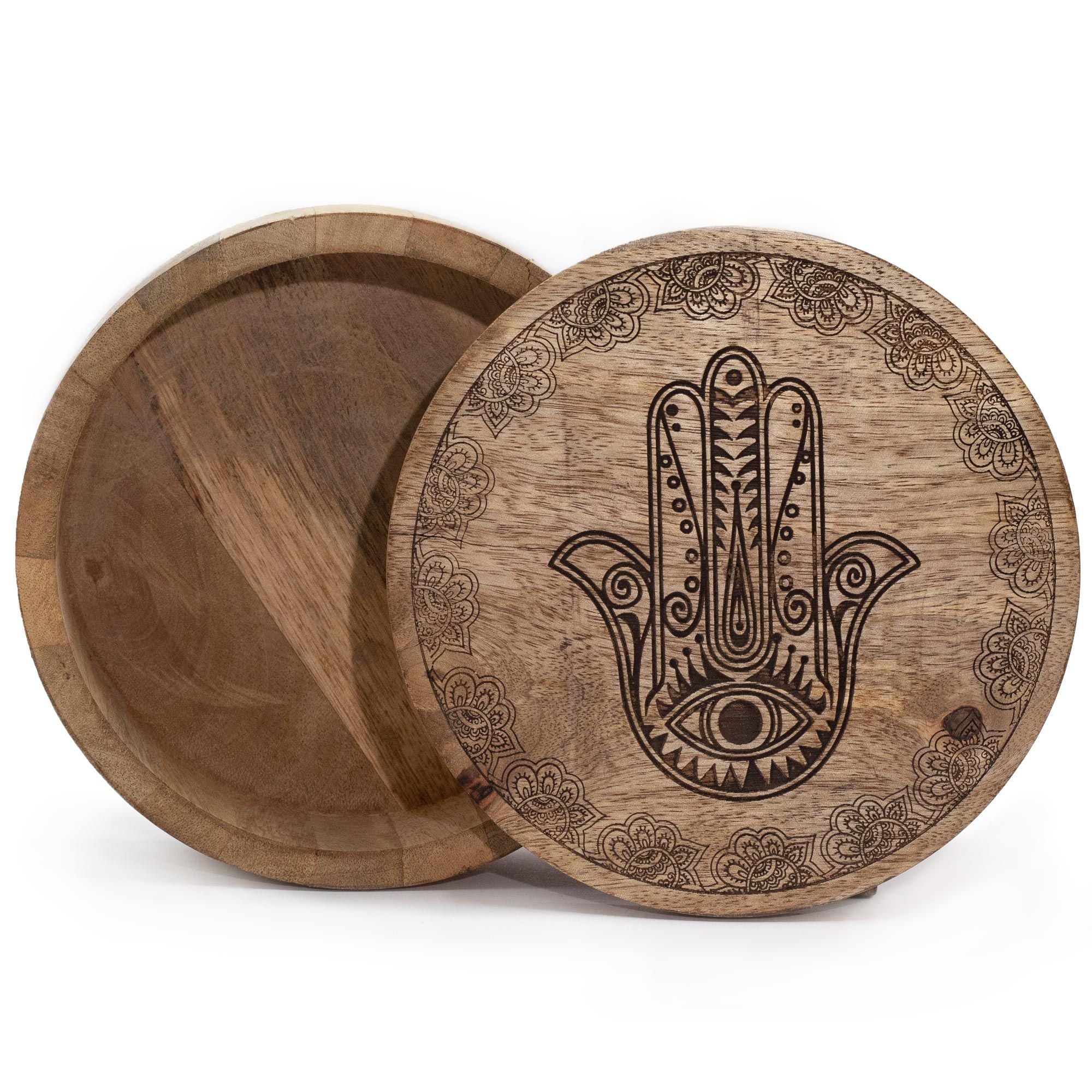 Wooden box with Hamsa hand design on a white background