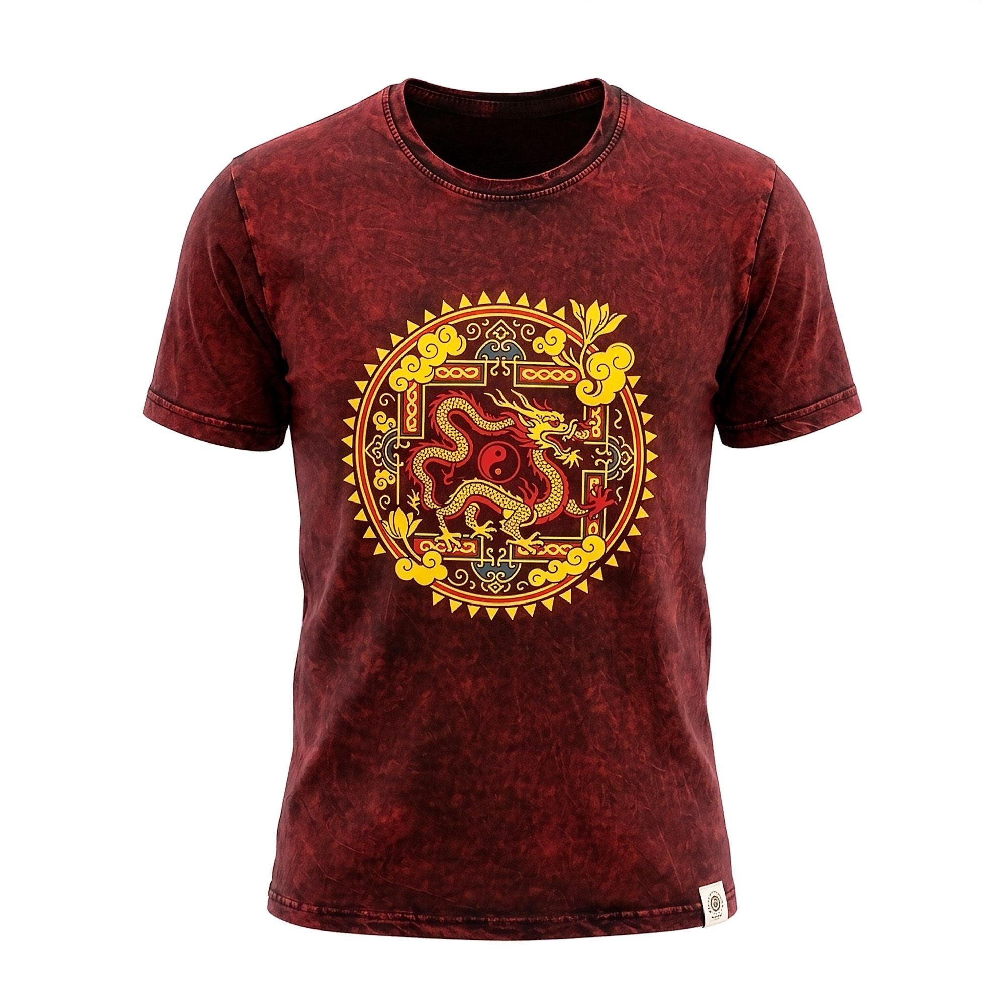 Nomad Sari Stonewashed Cotton T-Shirt - Dragon Mandala - Maroon - Small