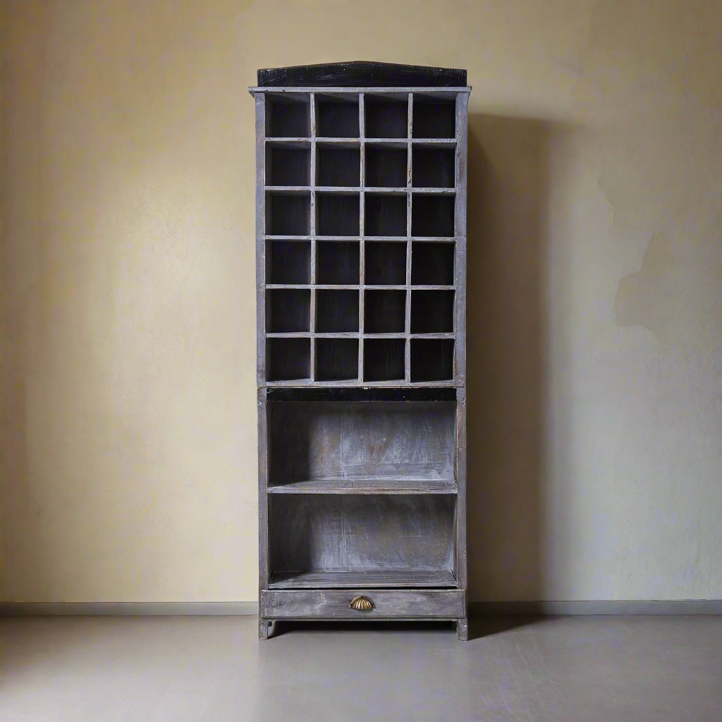 Tall wooden bookshelf with grid design on a white background