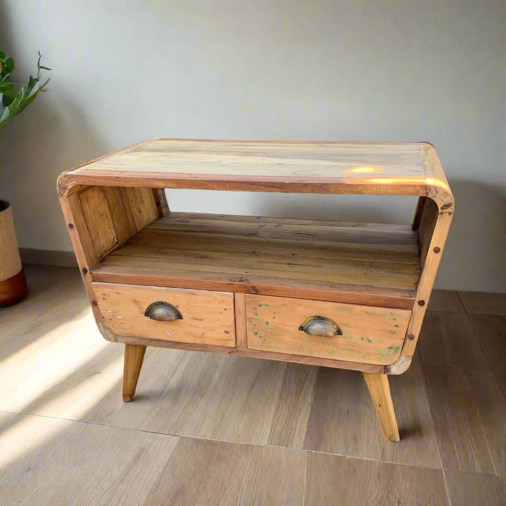 Small TV Stand with 2 Draws Round - Recycled Wood