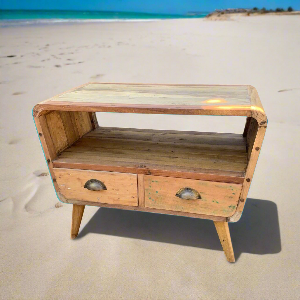 Wooden side table with two drawers on a white background