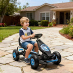 Kids pedal go kart with adjustable seat, black frame and blue wheels; child seated