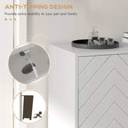 White shoe storage cabinet with anti-tipping support detail and chevron door front