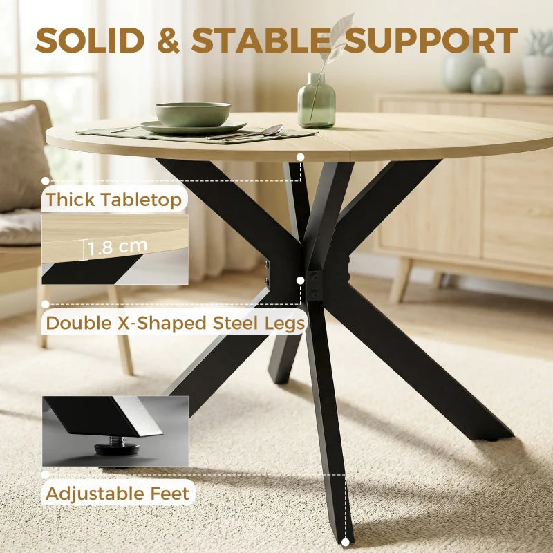 Natural wood tabletop with double X-shaped steel legs and adjustable feet