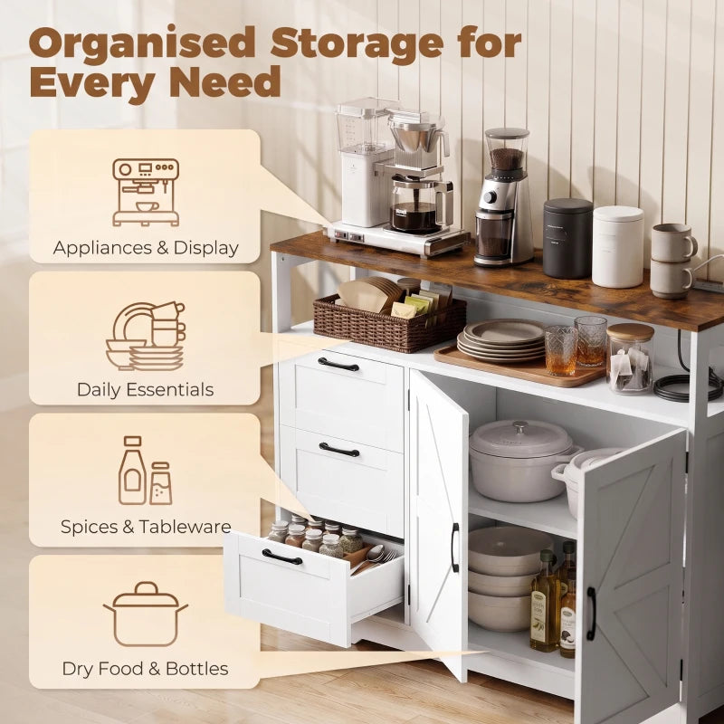 White sideboard with open shelves and drawers for organized kitchen storage