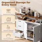 White sideboard with open shelves and drawers for organized kitchen storage