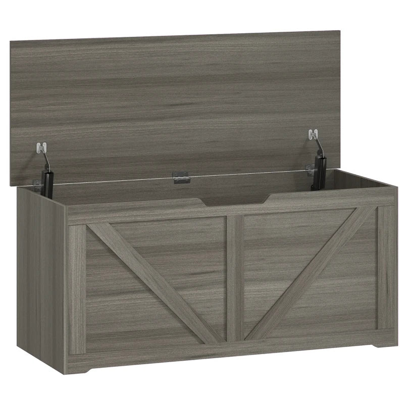 Dark grey wood-effect storage box with open lid and safety hinges, front view