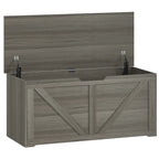 Dark grey wood-effect storage box with open lid and safety hinges, front view