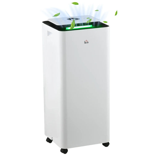 White portable dehumidifier with air purifier; black top vent and front grille