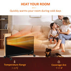 Black convector radiator on wheels with glowing heating panel behind the grille