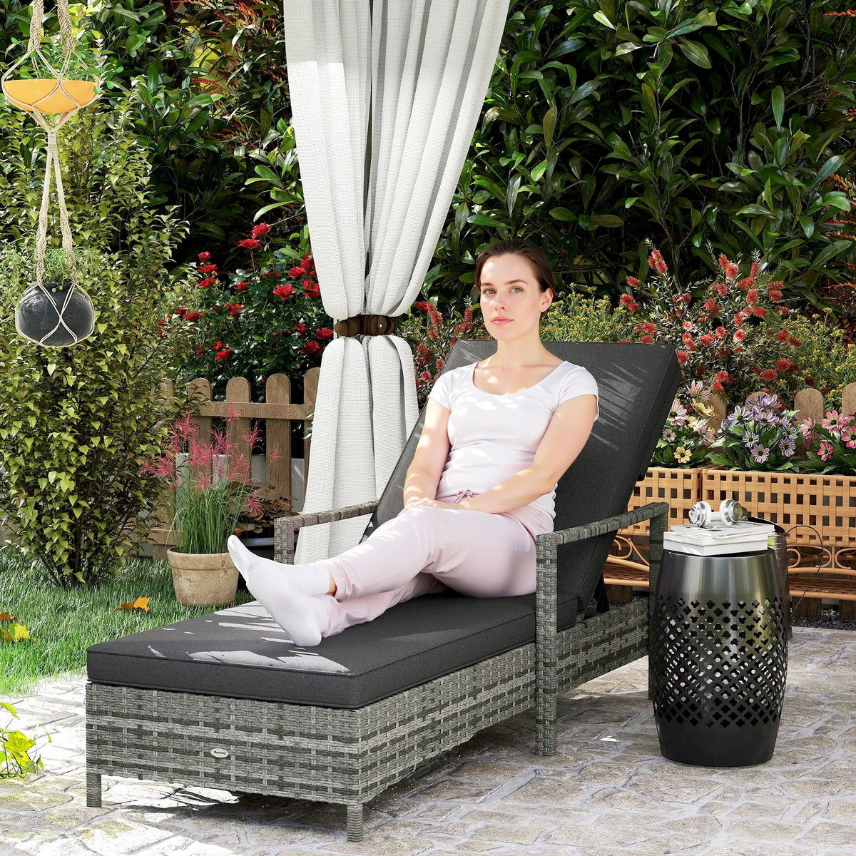 Outsunny Patio Rattan Sun Lounger, Dual Wicker Weave Outdoor Single Reclining Chair Furniture, 5 Level Adjustable