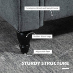 Grey upholstered chair with rubber wood legs and adjustable feet