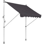 Grey retractable patio awning with scalloped edge and adjustable support arms