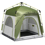 Green 4-man dome camping tent with front and side zip doors and sewn-in base