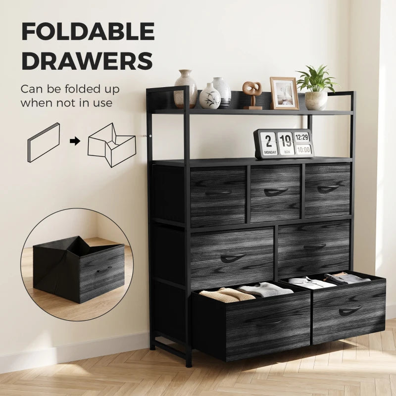 Black wood-effect chest of drawers with open shelving and front drawer compartments