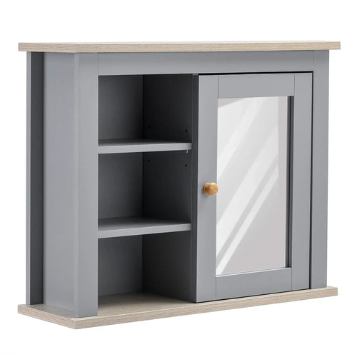 Grey wall mirror cabinet with hinged door, showing open storage shelves and pine trim