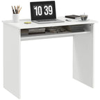 White wood-grain computer desk with open storage shelf and wide tabletop