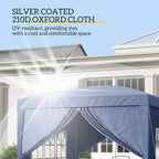 Blue gazebo canopy with silver-coated Oxford fabric and side window panel
