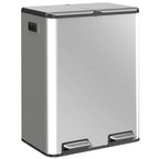 Stainless steel double kitchen pedal bin with dual lids and two foot pedals, silver tone