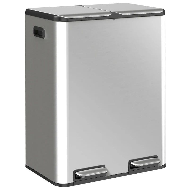 Stainless steel double kitchen pedal bin with dual lids and two foot pedals, silver tone