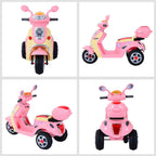 Pink ride-on motorcycle toy shown in multiple angles with wheels and front headlight