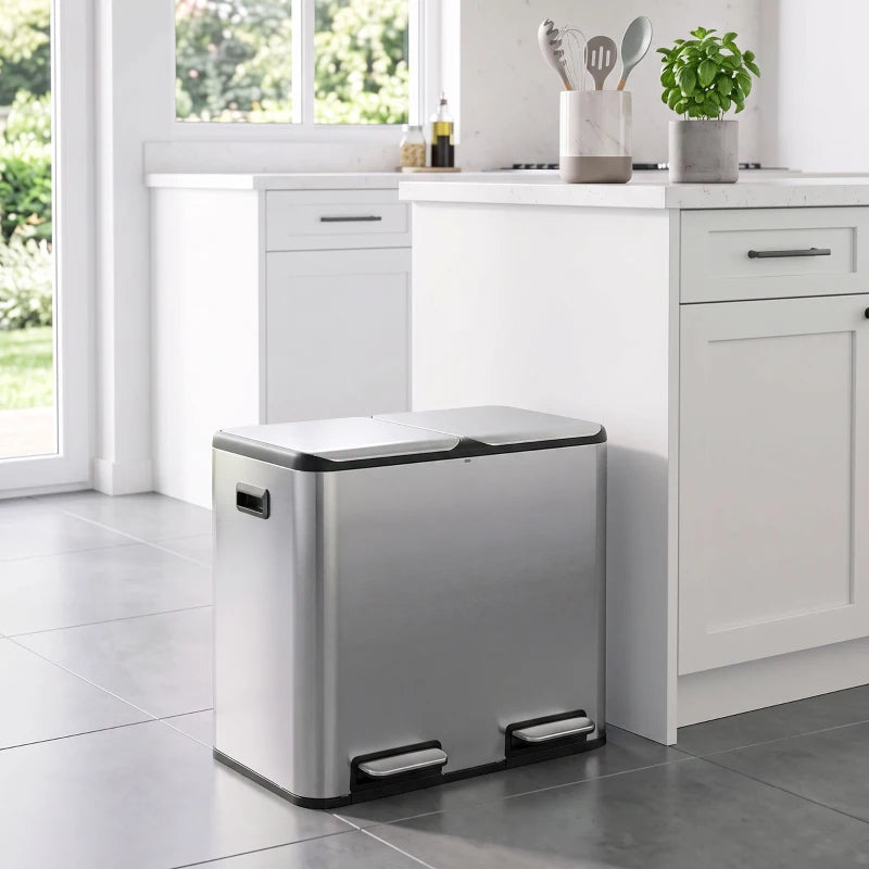 Silver-tone stainless steel double pedal bin with two front foot pedals