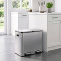 Silver-tone stainless steel double pedal bin with two front foot pedals